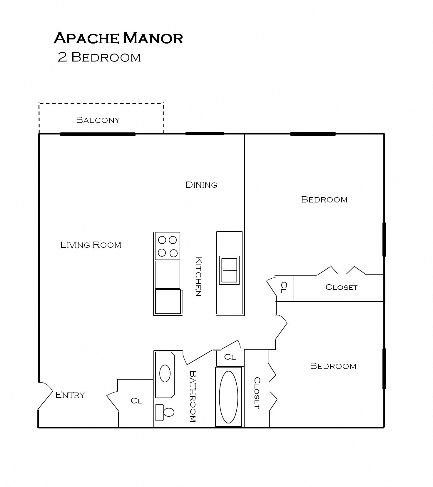 Floor plan for 2 beds, 1 bath, 864 sqft